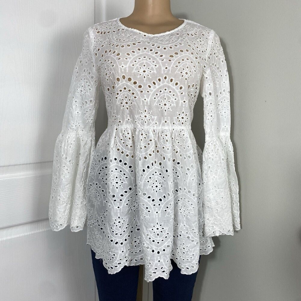 LUMIE White Eyelet Lace Tunic Dress Womens M Boho
